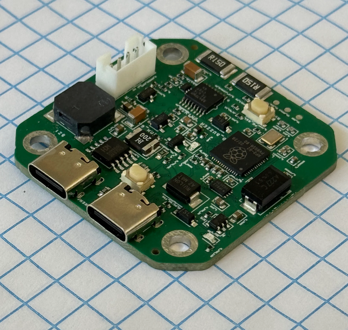 Assembled RP2040 motor controller with two USB-C ports and a motor connector